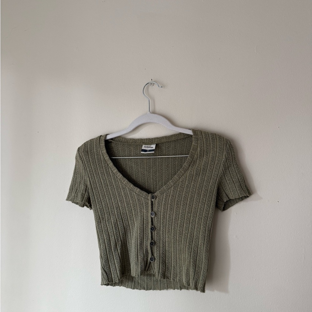 Olive Ribbed Knit Button Top